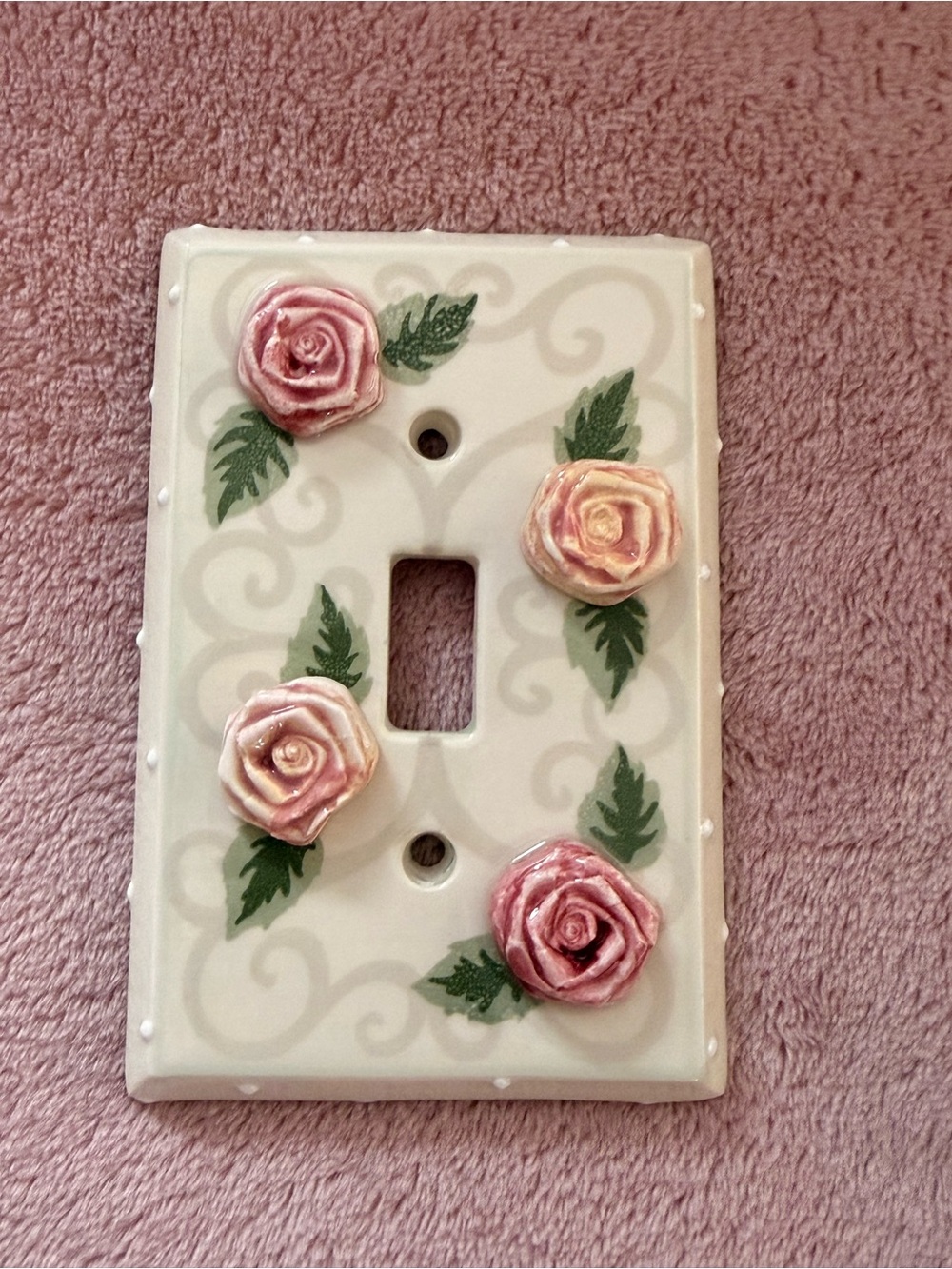 Hand-Painted Pink Rose Ceramic Light Switch Cover! Adorable!